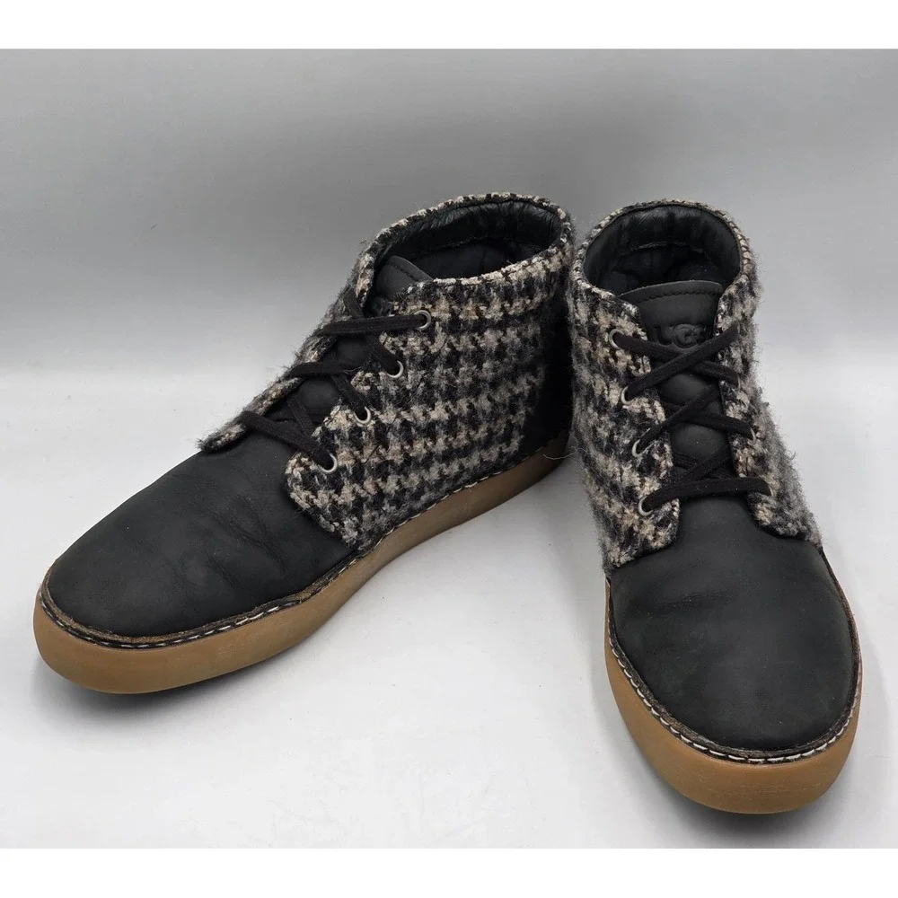 UGG Men's Black White Leather Tweed Wool Lace Up Professor Chukka Boots 9